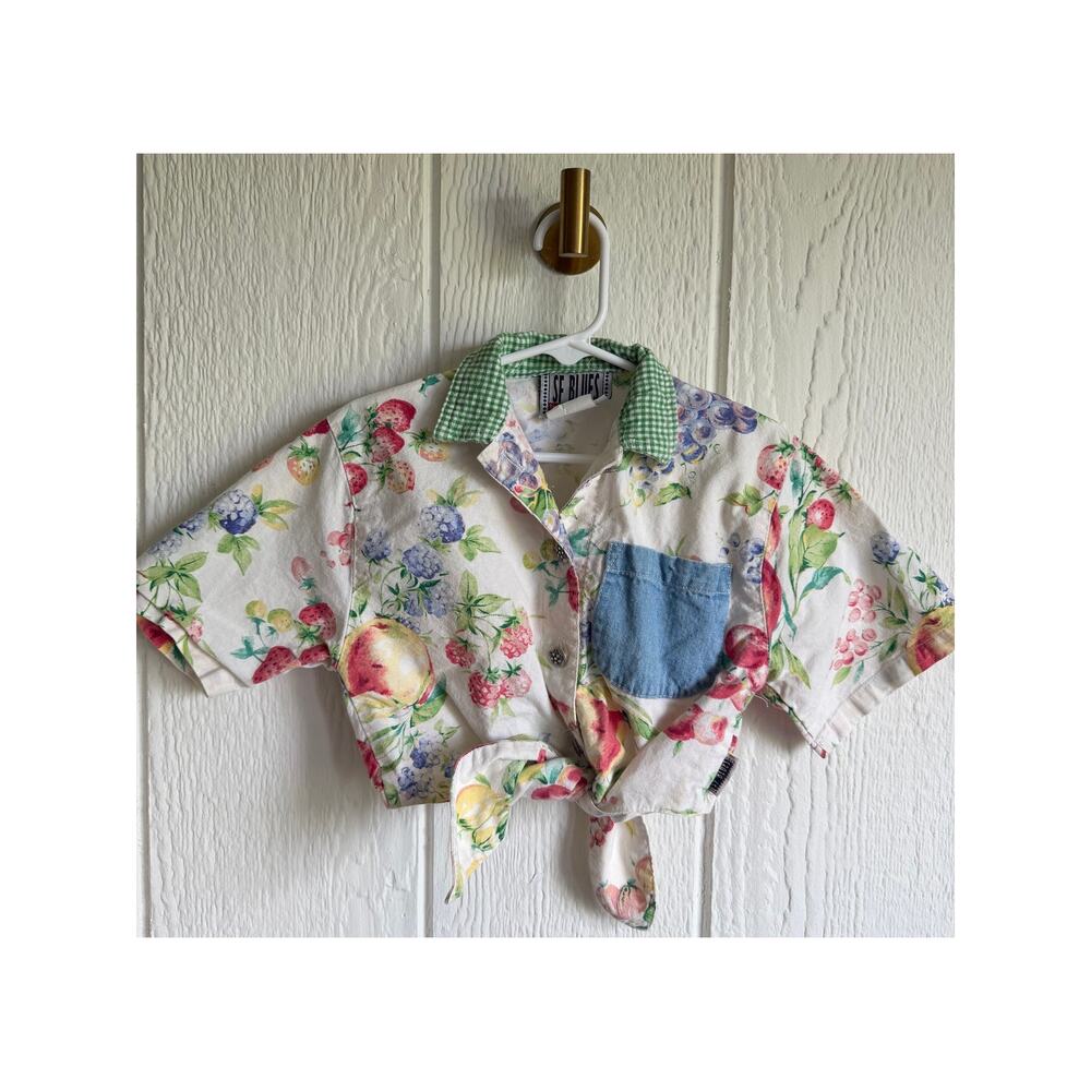 Vintage SF Blues Fruit Print Tie Front Top Cottagecore Strawberry Picnic Shirt 6